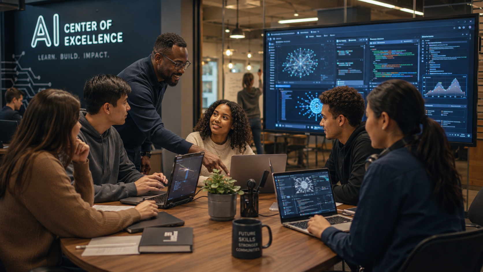 Participants collaborating in an AI-focused learning environment