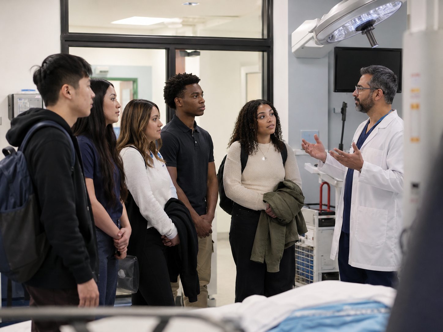 Participants observing a professional in a healthcare learning environment