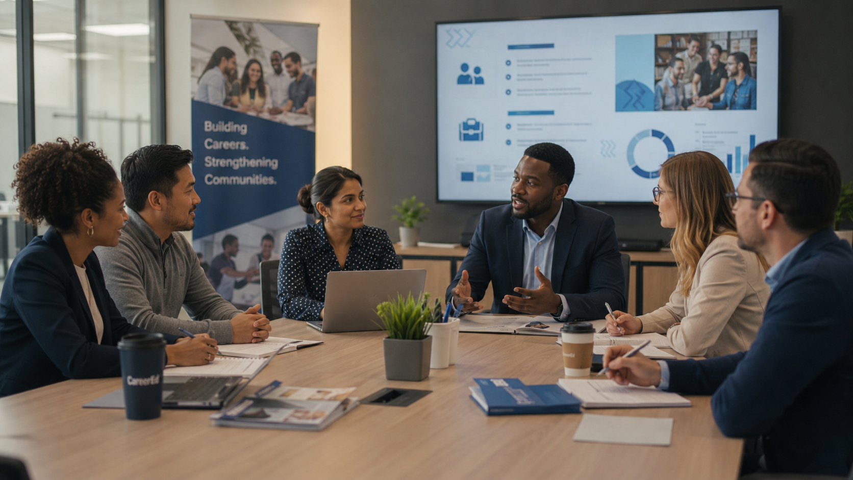 Workforce partners collaborating around a meeting table